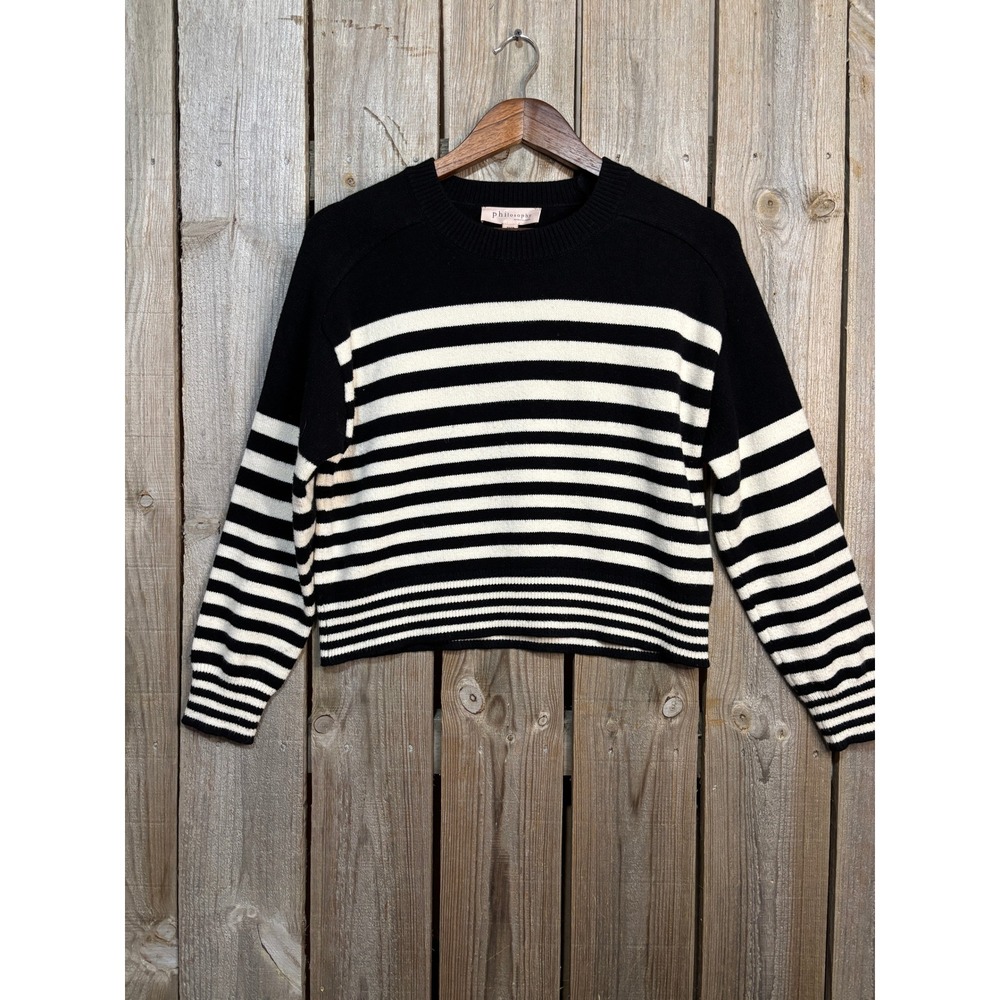 Philosophy Republic Clothing Womens Striped Crew Neck Sweater Black‎ White XS